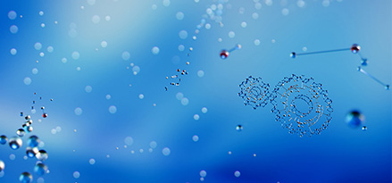 Abstract representation of chemical molecules and particles on a gradient blue background. Small clusters of molecules are scattered, suggesting scientific or chemical themes.